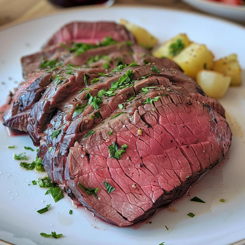 Seitenansicht von Rindfleischstreifen mit Zwiebelringen, dekoriert mit frischer Petersilie.