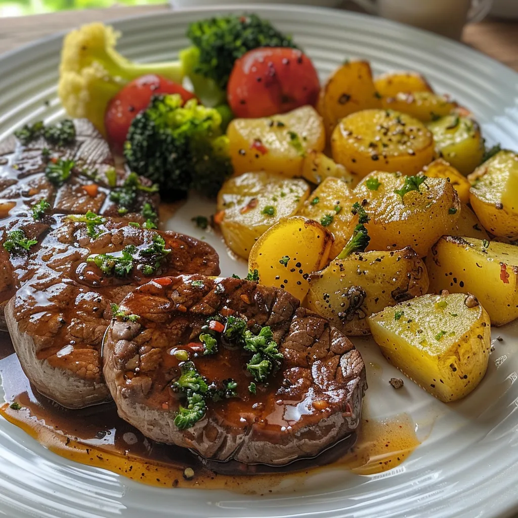 Seitenansicht einer köstlichen Rindfleisch-Gemüse-Pfanne auf einem Teller.