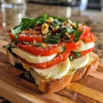 Nahaufnahme eines köstlichen Mozzarella-Sandwiches mit frischen Zutaten.