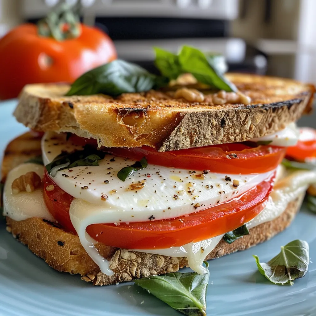 Seitenansicht eines saftigen Sandwiches mit Mozzarella, Tomaten und Basilikum.