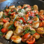 Nahaufnahme einer Gnocchi-Pfanne mit Tomaten und Spinat.