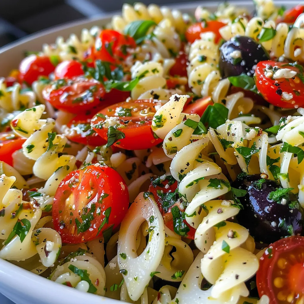 Nahaufnahme von Nudelsalat mit Fusilli, Rucola und buntem Gemüse in einer Schüssel.