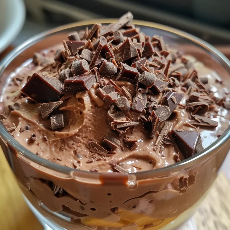 Nahe Ansicht eines Schoko-Mousse-Desserts im Glas mit Dekoration.