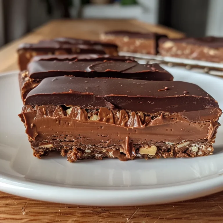 Nahaufnahme eines Schokoladen No-Bake Käsekuchen Riegels, seitliche Ansicht.