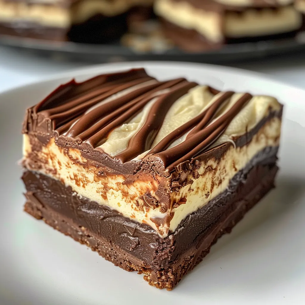 Detailansicht eines köstlichen Schokoladen No-Bake Käsekuchen Riegels auf einem Teller.