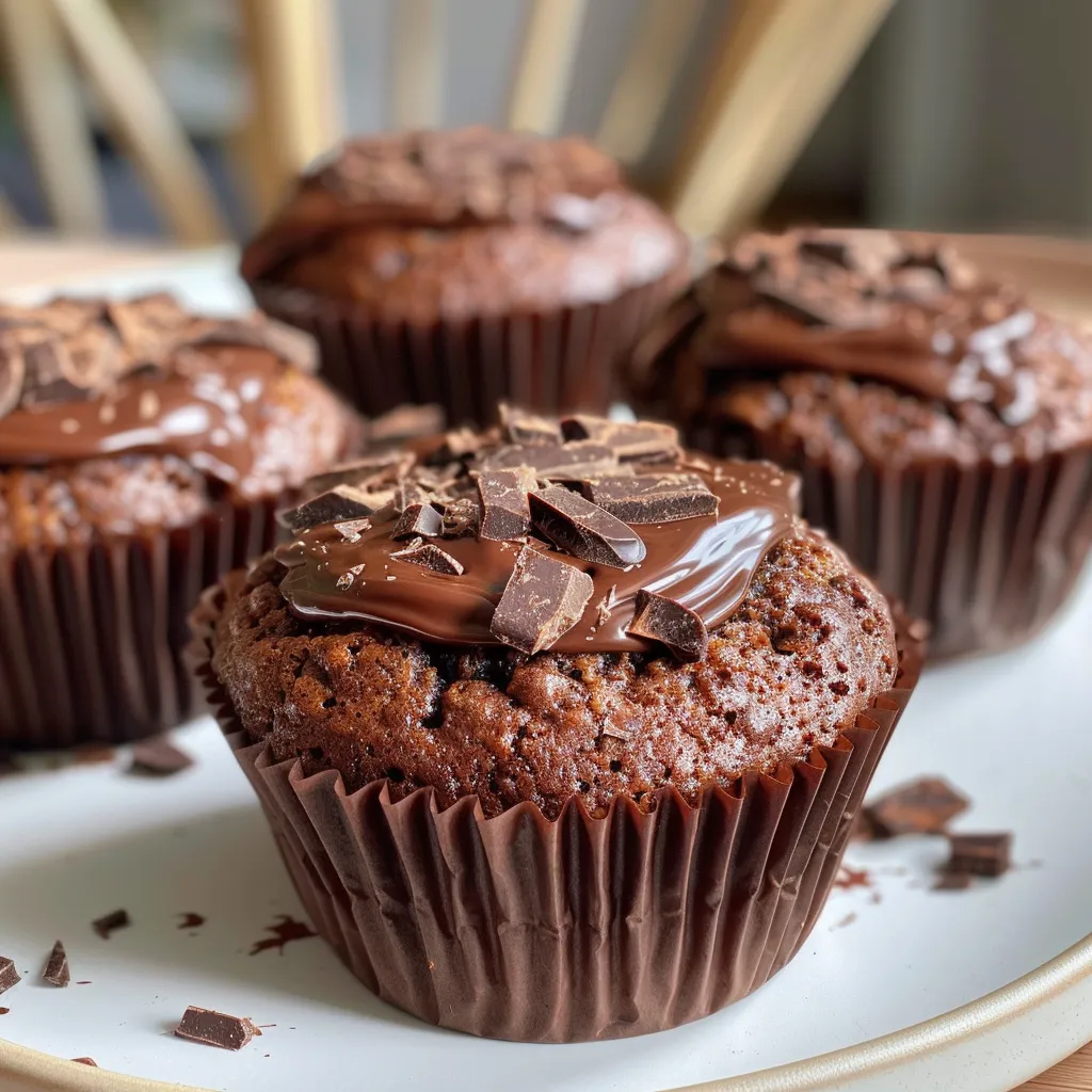 Seiteansicht von frischen Schokomuffins mit glänzender Schokoladenglasur.