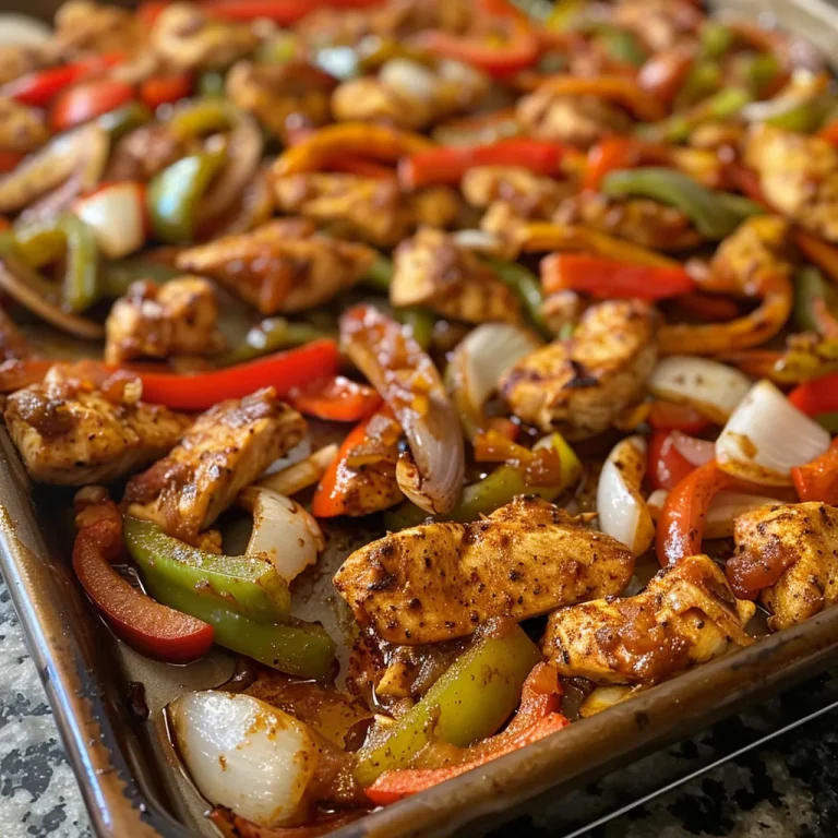 Sabor en una Bandeja: Fajitas de Pollo para Disfrutar Todos los D as Nahaufnahme von saftigen Hähnchenfajitas auf einem Blech, umgeben von buntem Gemüse.