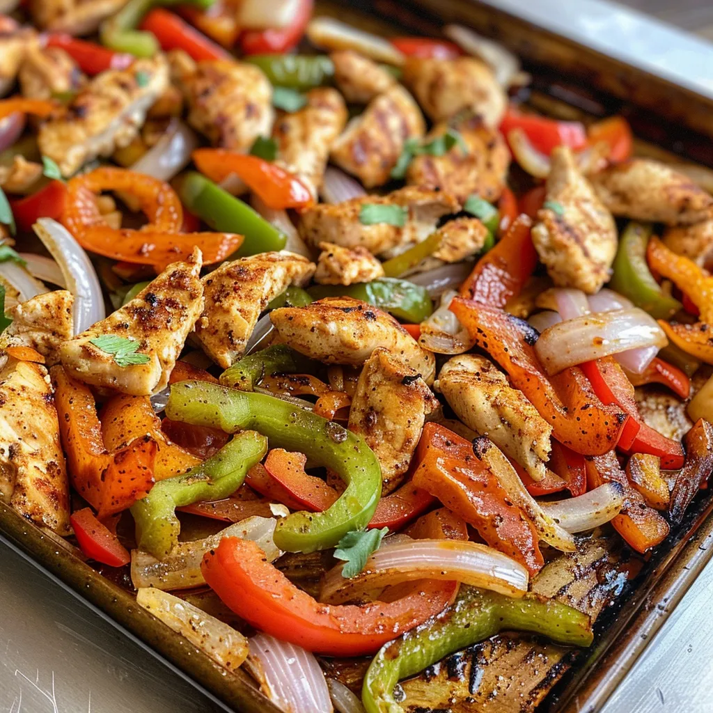 Seiteansicht eines Blechgerichts mit Hähnchen, Paprika und Zwiebeln, fertig zum Servieren.