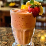 Nahaufnahme eines köstlichen Erdbeer-Mango-Smoothies in einem Glas.