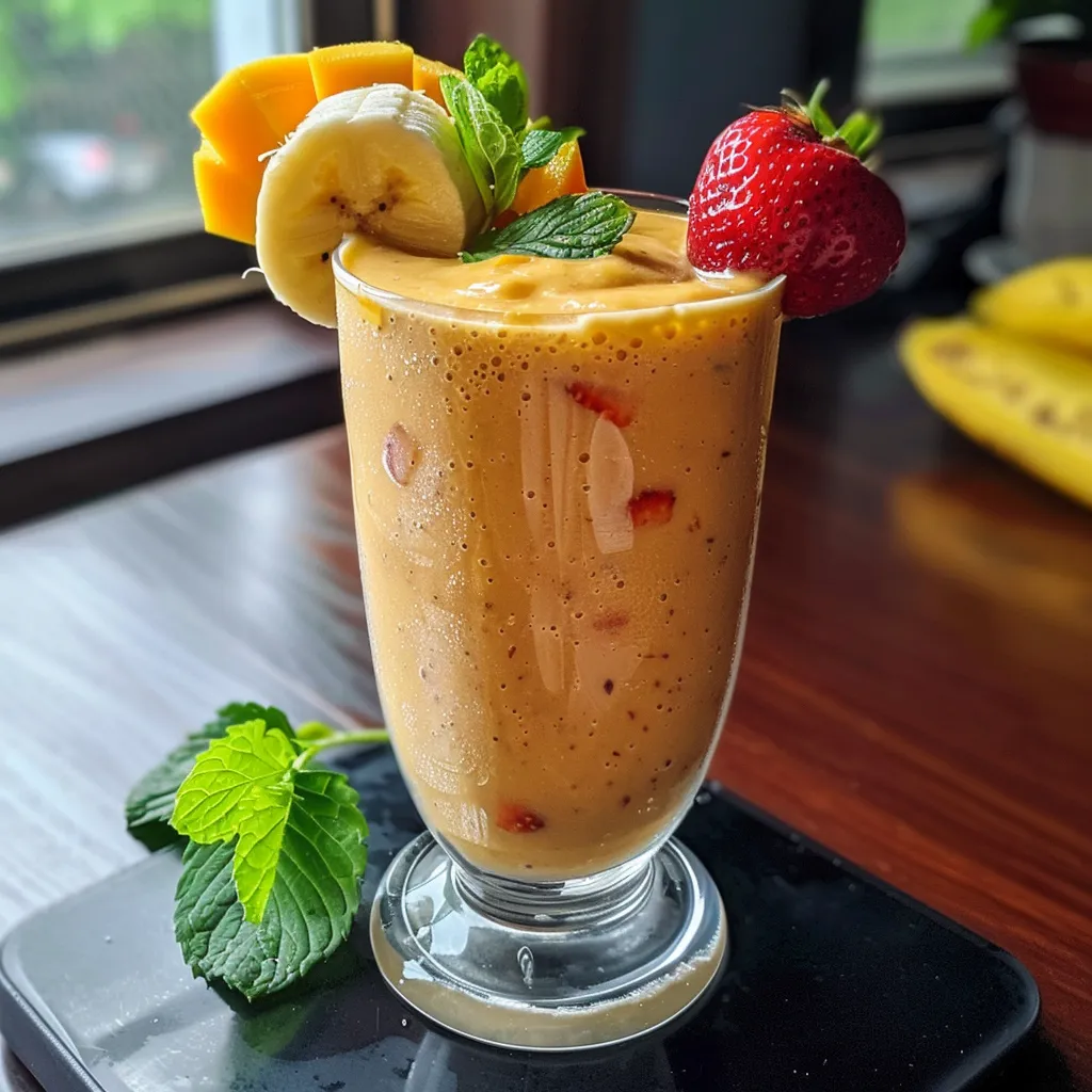 Seiteansicht eines fruchtigen Smoothies aus Erdbeeren und Mango.