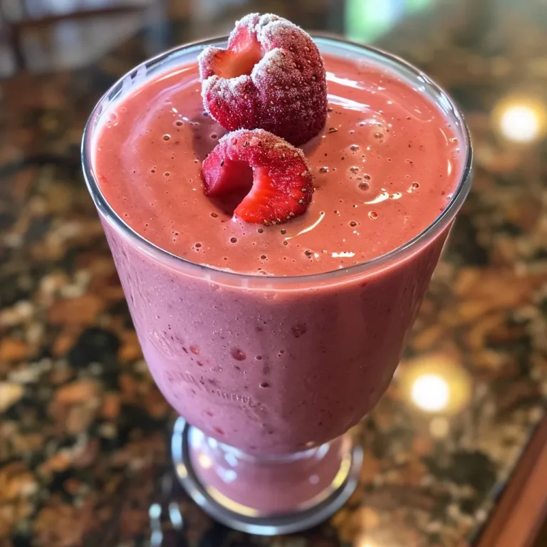 Frescor Instant neo: Dein 3-Minuten Erdbeer-Joghurt-Smoothie Naheaufnahme eines gläsernen Smoothies mit frischen Erdbeeren und Joghurt.