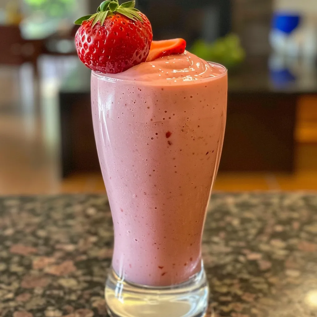 Seitenansicht eines cremigen Erdbeer-Joghurt-Smoothies mit Eiswürfeln.