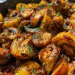 Saftige Spanische Knoblauch-Garnelen auf einem Teller mit frischer Petersilie.