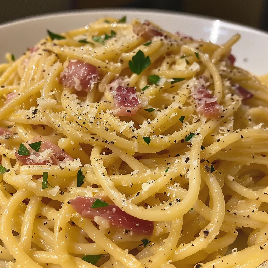 Seitenansicht von Spargel Carbonara auf einem Teller, dekoriert mit frischem Basilikum.