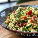 Nahaufnahme eines frisch zubereiteten Spargel Couscous Salats mit bunten Zutaten.