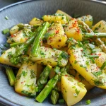 Ein Nahaufnahmefoto eines Spargel Kartoffel Salats mit Mini-Büffelmozzarella.