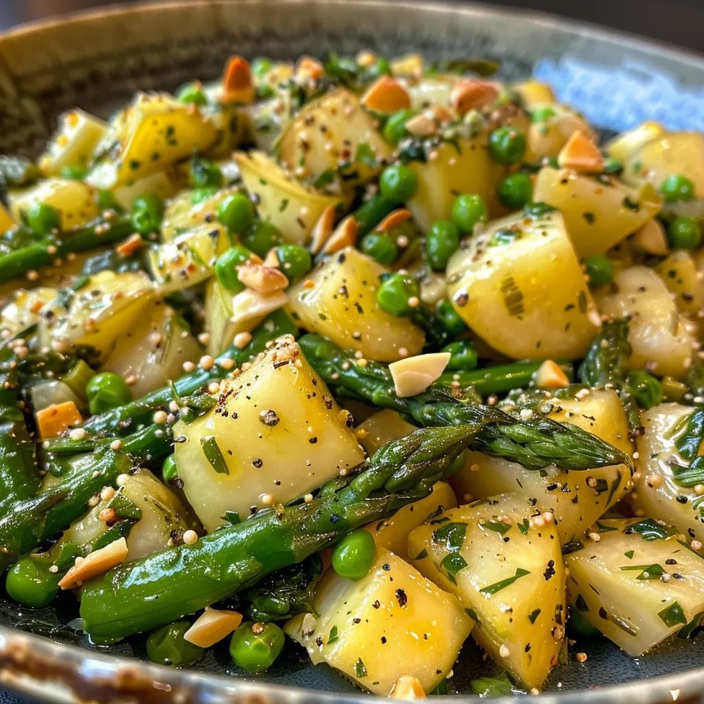 Seitenansicht eines bunten Salats mit Spargel, Kartoffeln und Pinienkernen.