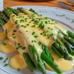 Nahaufnahme von zartem Spargel mit cremiger Sauce Hollandaise.