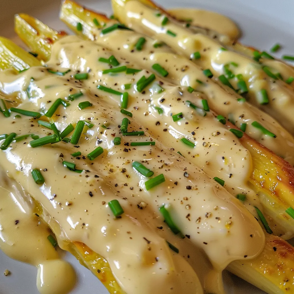 Seiteansicht von Spargel, serviert mit einer reichhaltigen Hollandaise.
