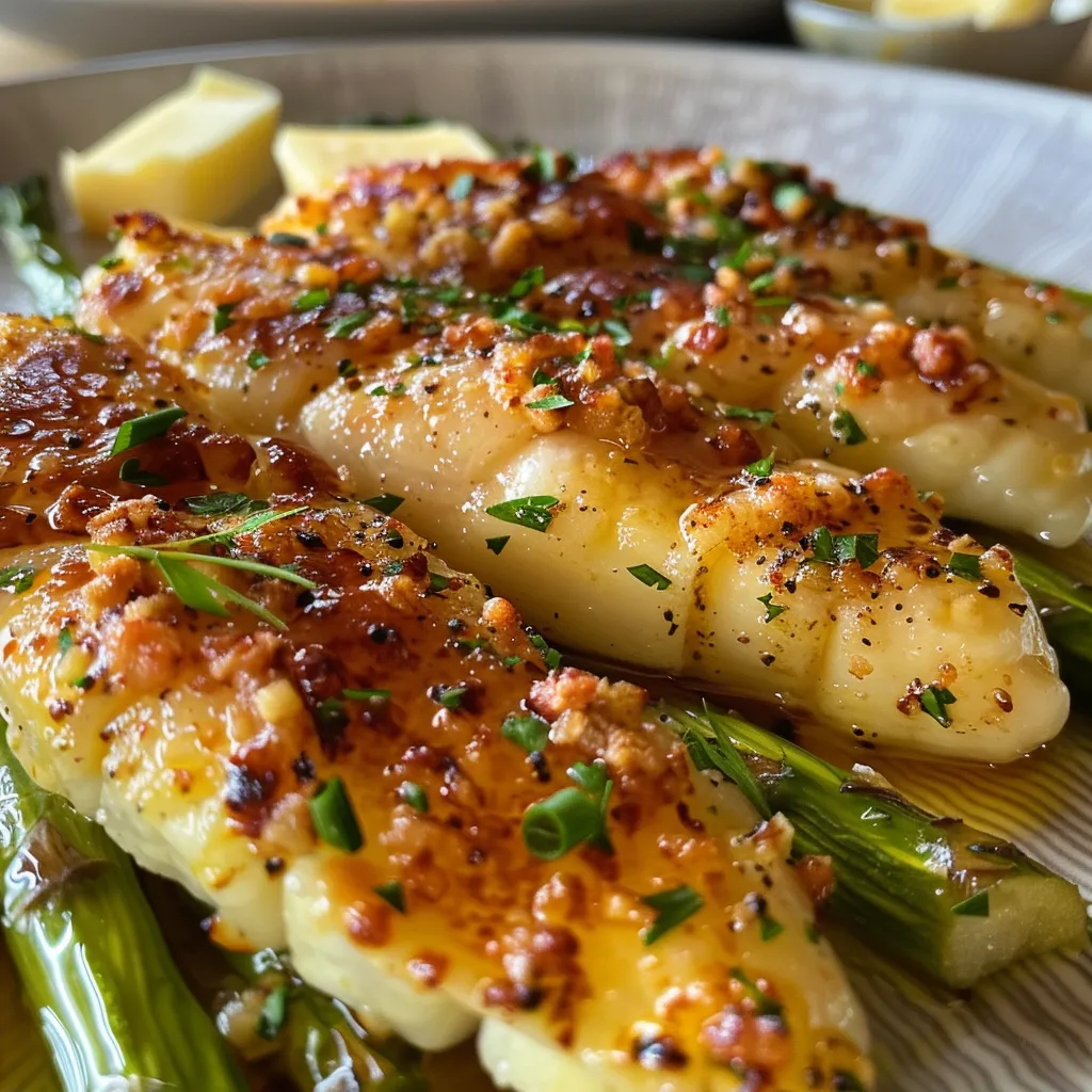 Frischer Spargel, Scheiben von Kochschinken und eingelegte Zitrone auf einem Tisch.