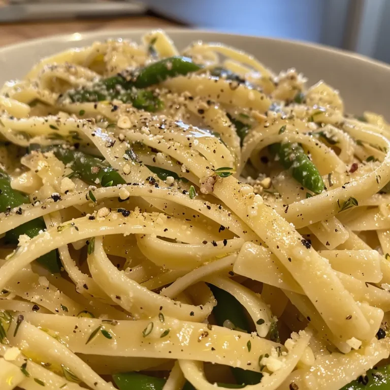 Nahaufnahme eines Tellers mit Spargel Pasta in frischen Farben.