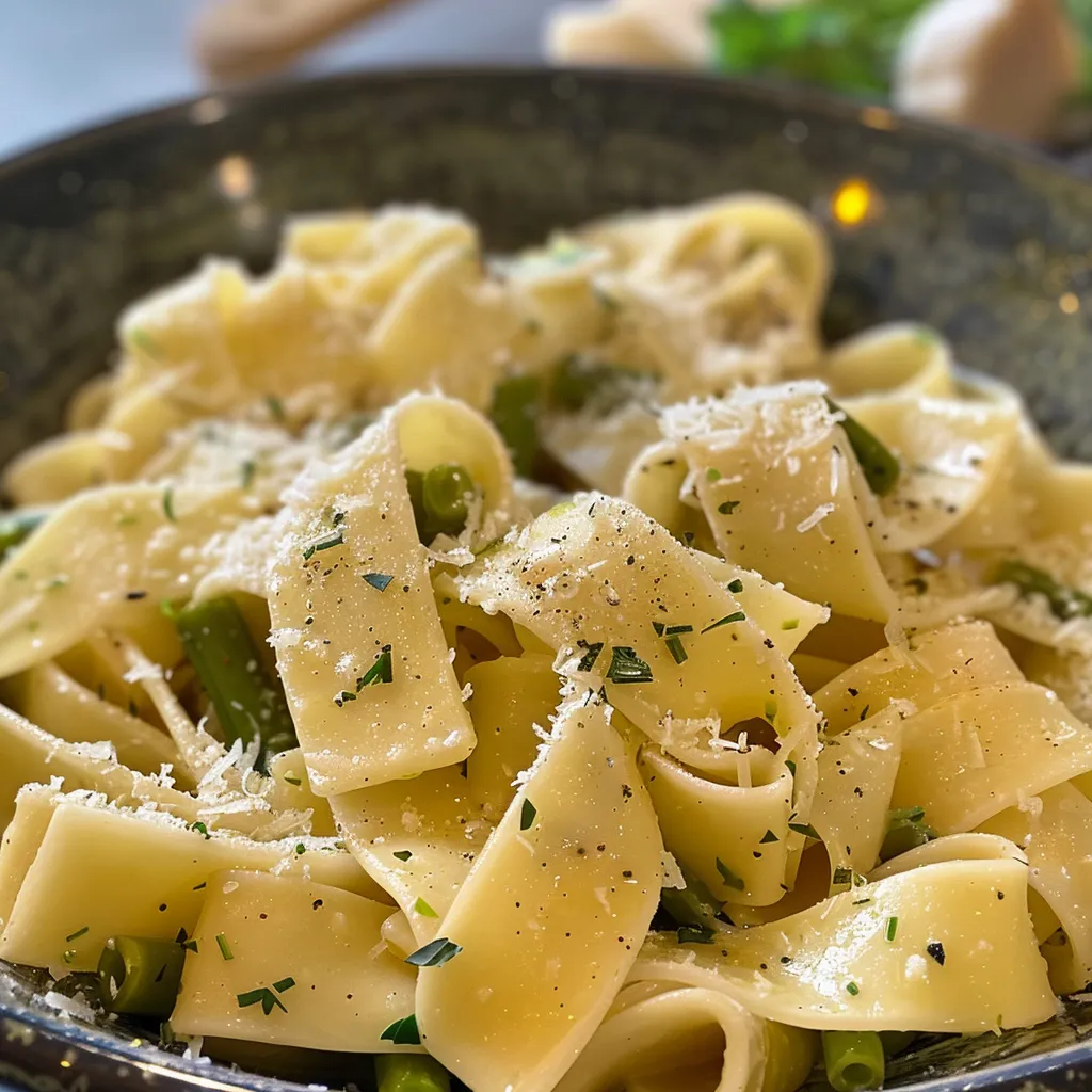 Sideview von Spargel Pasta mit grünen und weißen Spargelstücken und Kräutern.