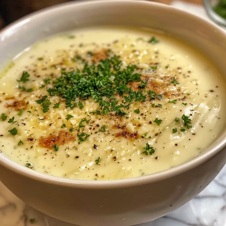 Nahaufnahme von Spargelcremesuppe mit Croutons und frischer Petersilie.
