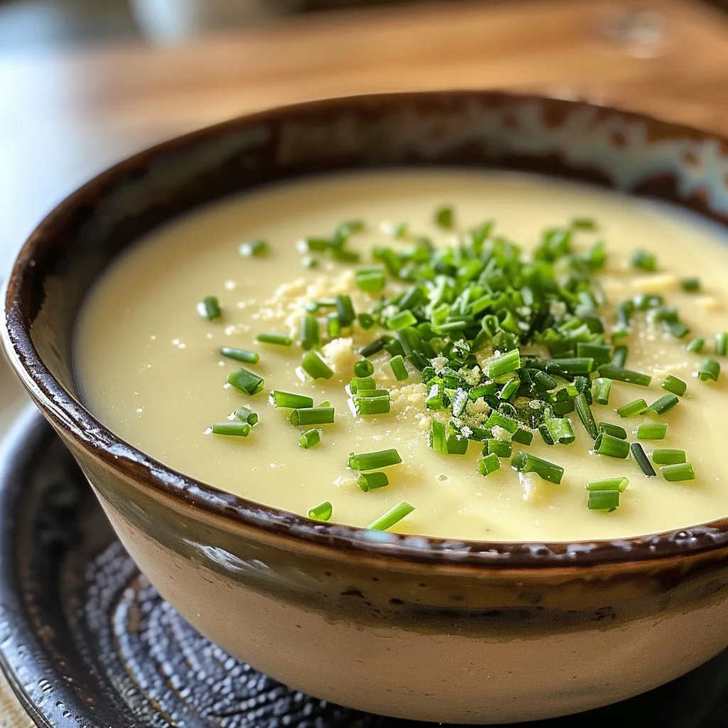 Seitenansicht einer köstlichen, weißen Spargelcremesuppe mit frischem Schnittlauch.