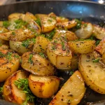 Nahaufnahme einer Spargelpfanne mit Kartoffeln und Kirschtomaten.
