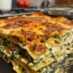 Nahaufnahme einer cremigen Spinatlasagne in einer Backform.