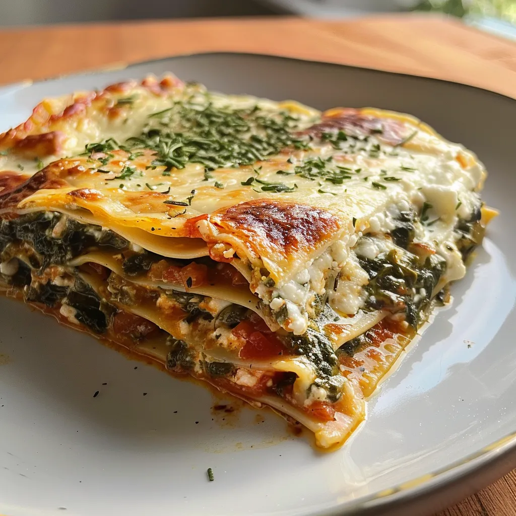 Seitenansicht einer zarten Spinatlasagne mit geschmolzenem Käse.
