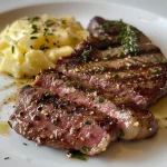 Saftiges Rindersteak mit Kräuterbutter in Nahaufnahme.