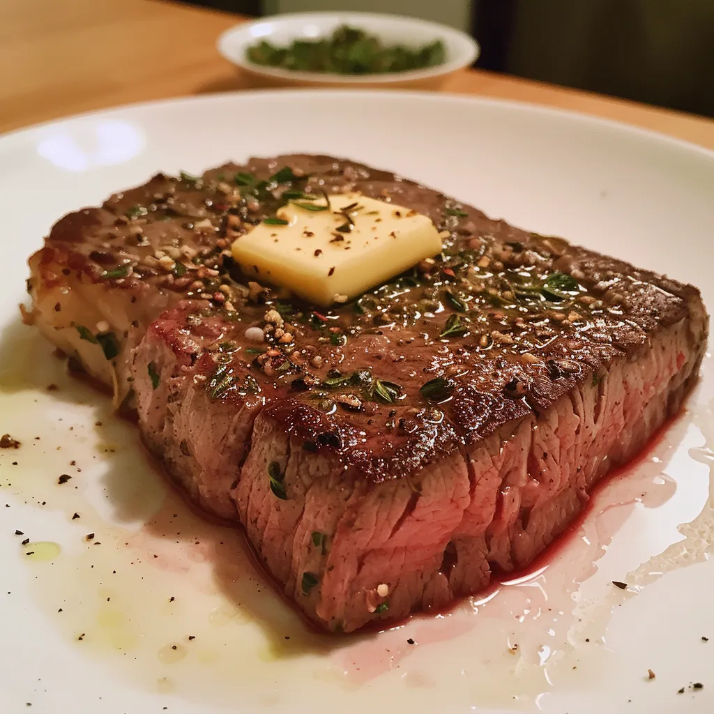 Köstliches Ribeye-Steak, angerichtet mit frischen Kräutern.