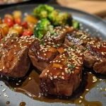Nahaufnahme einer Teriyaki-Rindfleisch-Pfanne mit buntem Gemüse.