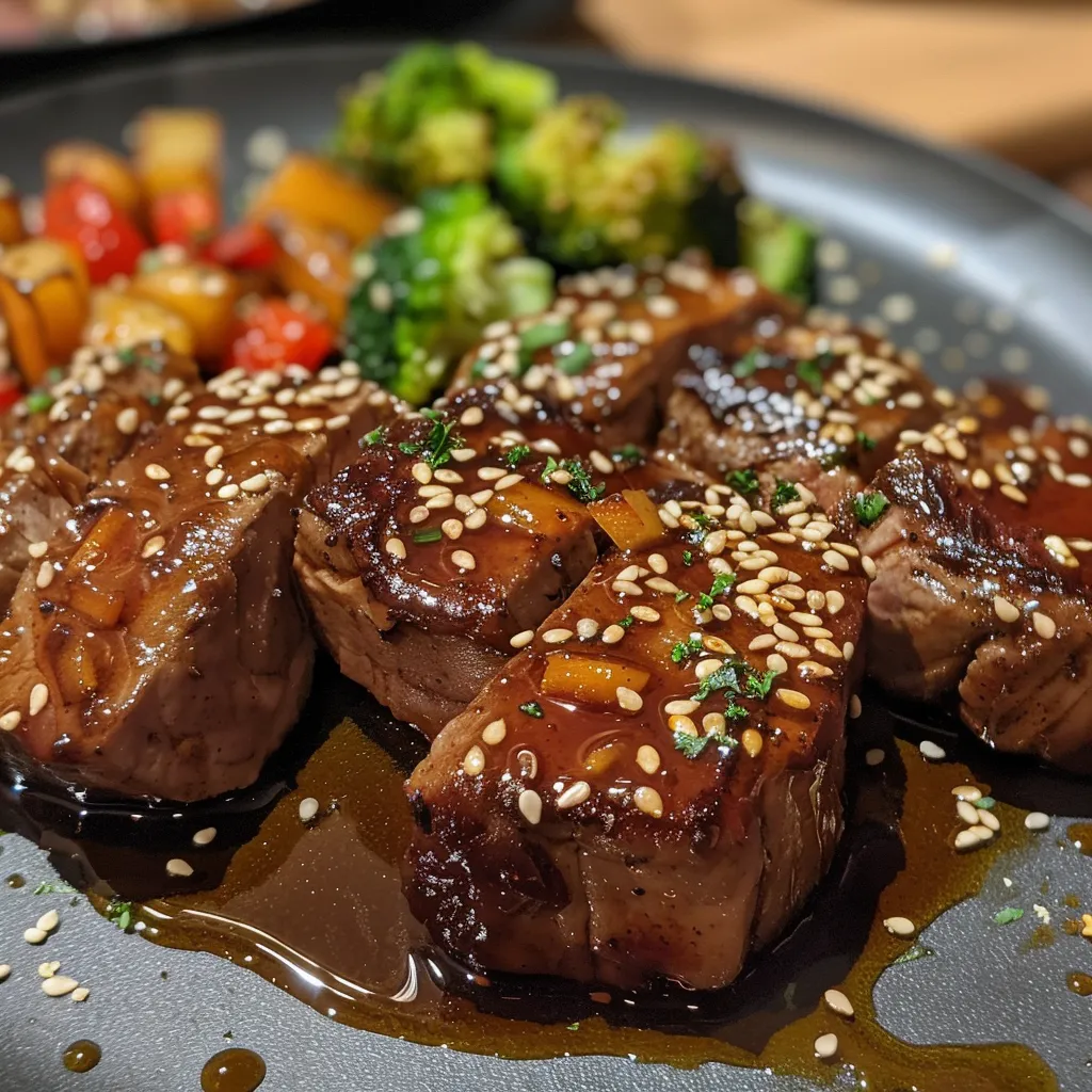 Nahaufnahme einer Teriyaki-Rindfleisch-Pfanne mit buntem Gemüse.