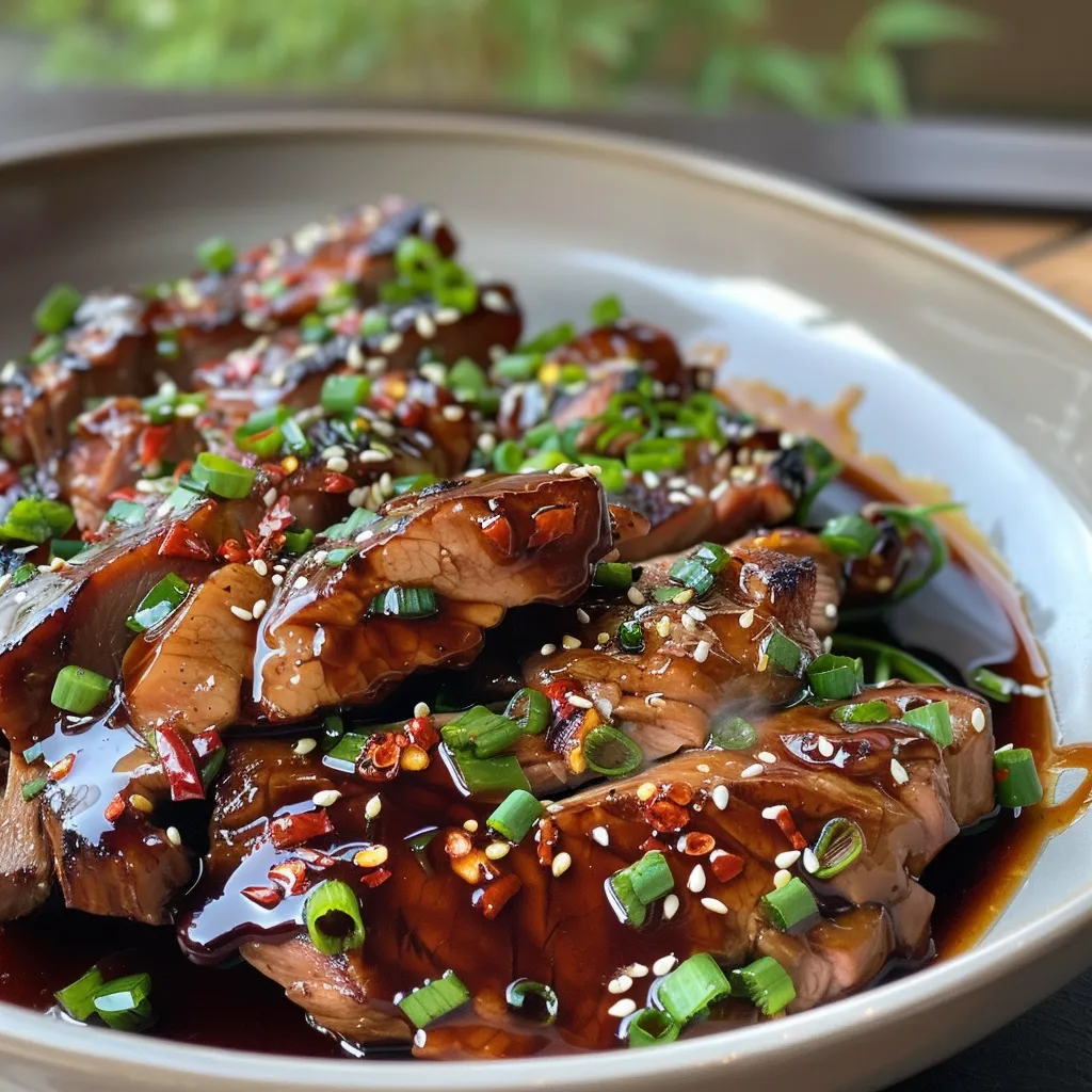 Seiteansicht einer saftigen Teriyaki-Rindfleisch-Pfanne, die auf einem Tisch serviert wird.