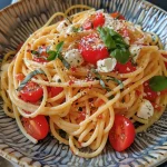 Nahaufnahme von Tomate Mozzarella Pasta in einer Schüssel.