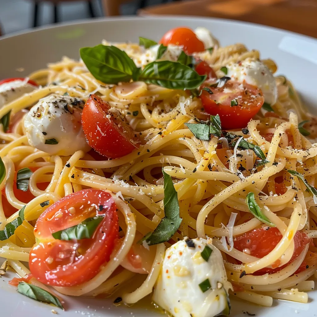 Seiteansicht einer Portion Tomate Mozzarella Pasta mit frischen Zutaten.