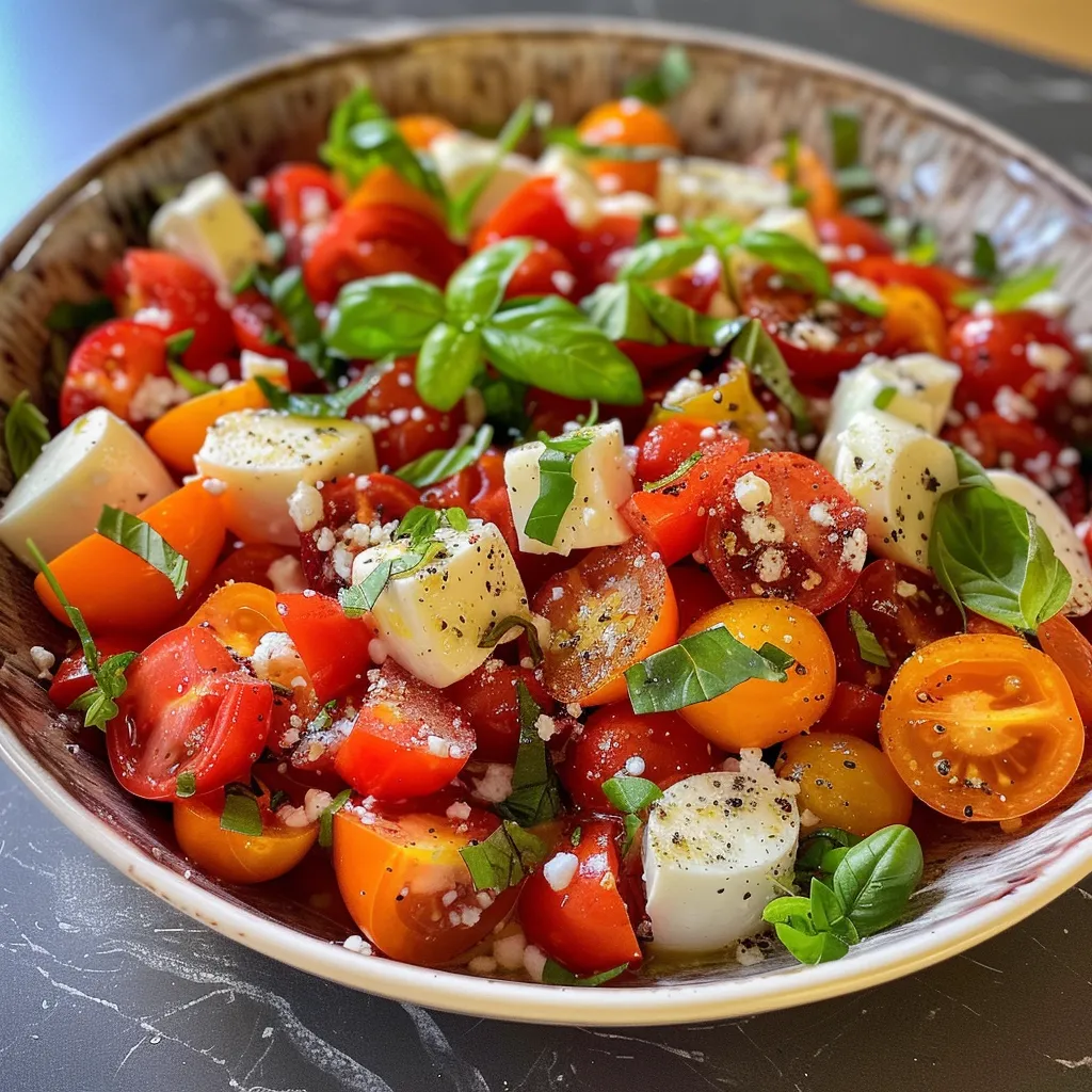 Seiteansicht eines leckeren Tomaten-Mozzarella-Salats mit grünem Basilikum und Olivenöl.