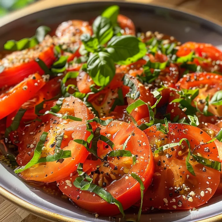 Frische Vielfalt im Teller: Einfacher Tomatensalat mit Basilikum Nahaufnahme eines frischen Tomatensalats mit Basilikum.