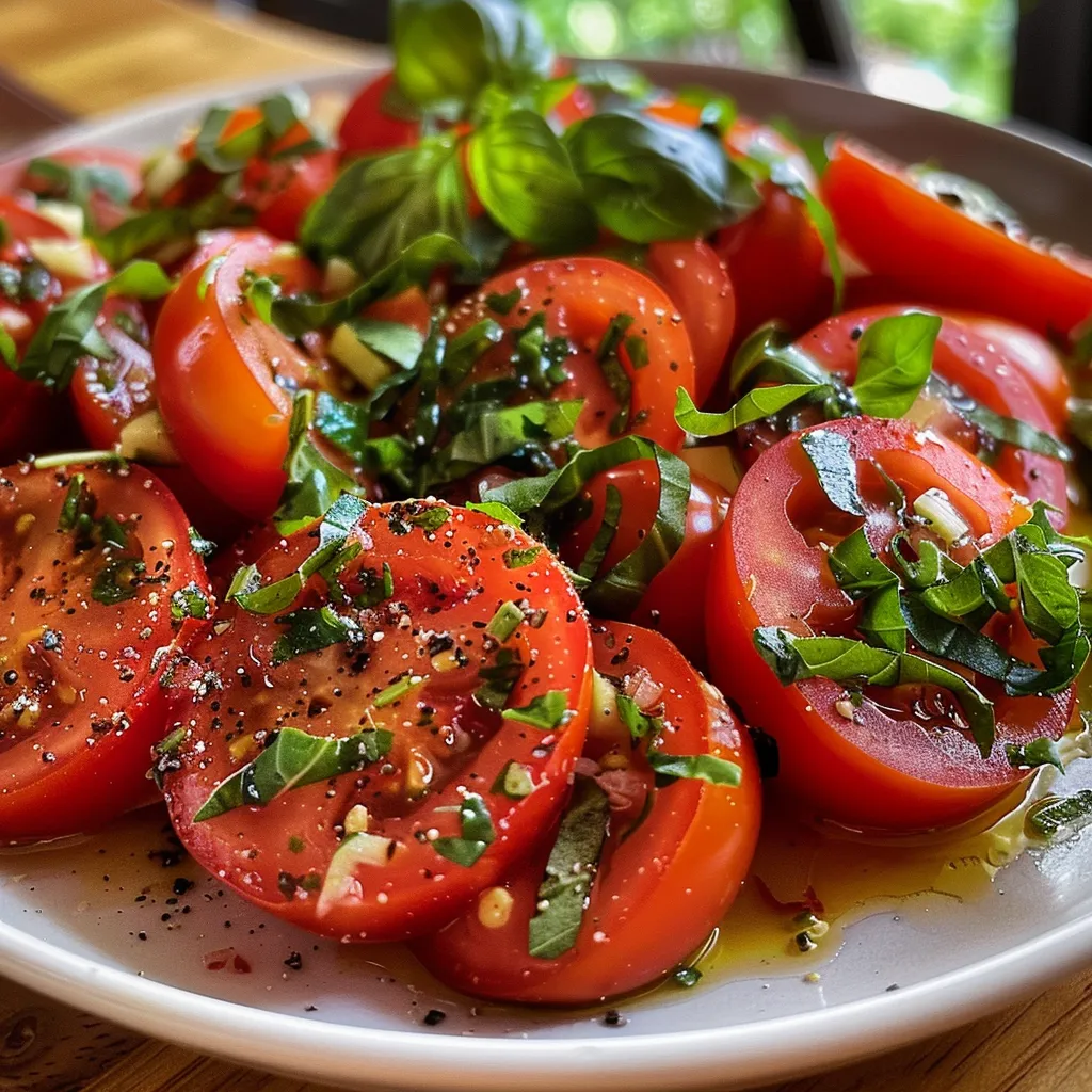 Sideview eines bunten Tomatensalats mit aromatischen Kräutern.