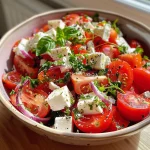 Nahaufnahme eines bunten Tomatensalats mit Feta und roten Zwiebeln.