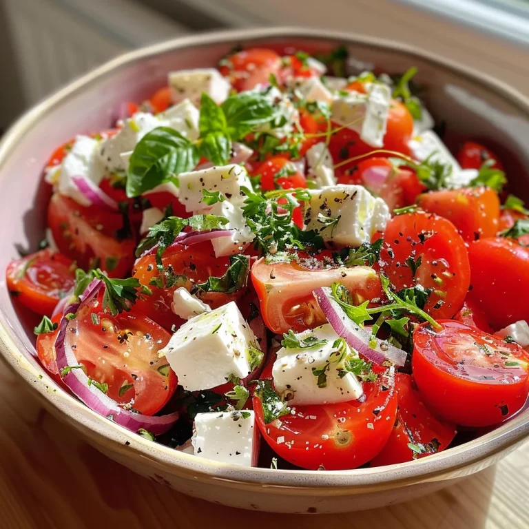 Nahaufnahme eines bunten Tomatensalats mit Feta und roten Zwiebeln.