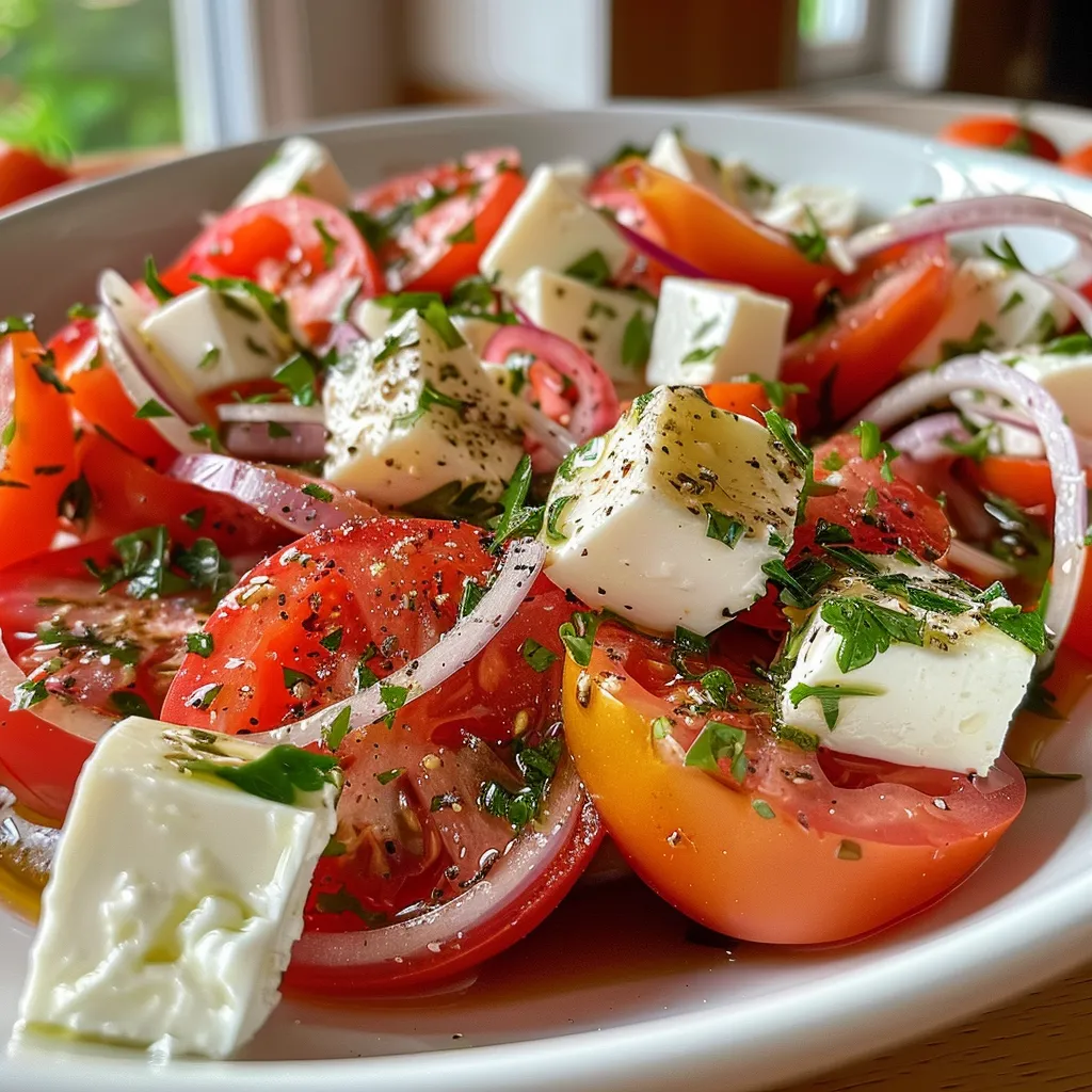 Frischer Tomatensalat mit Feta, Zwiebeln und Olivenöl in einer Schüssel.