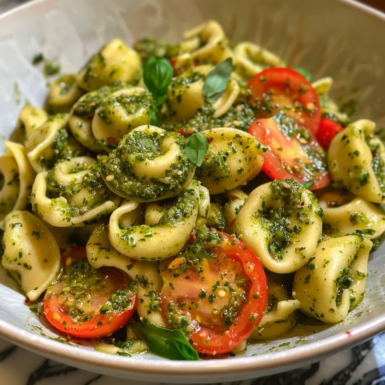 Nahaufnahme eines Tortellinisalats mit Pesto und buntem Gemüse.