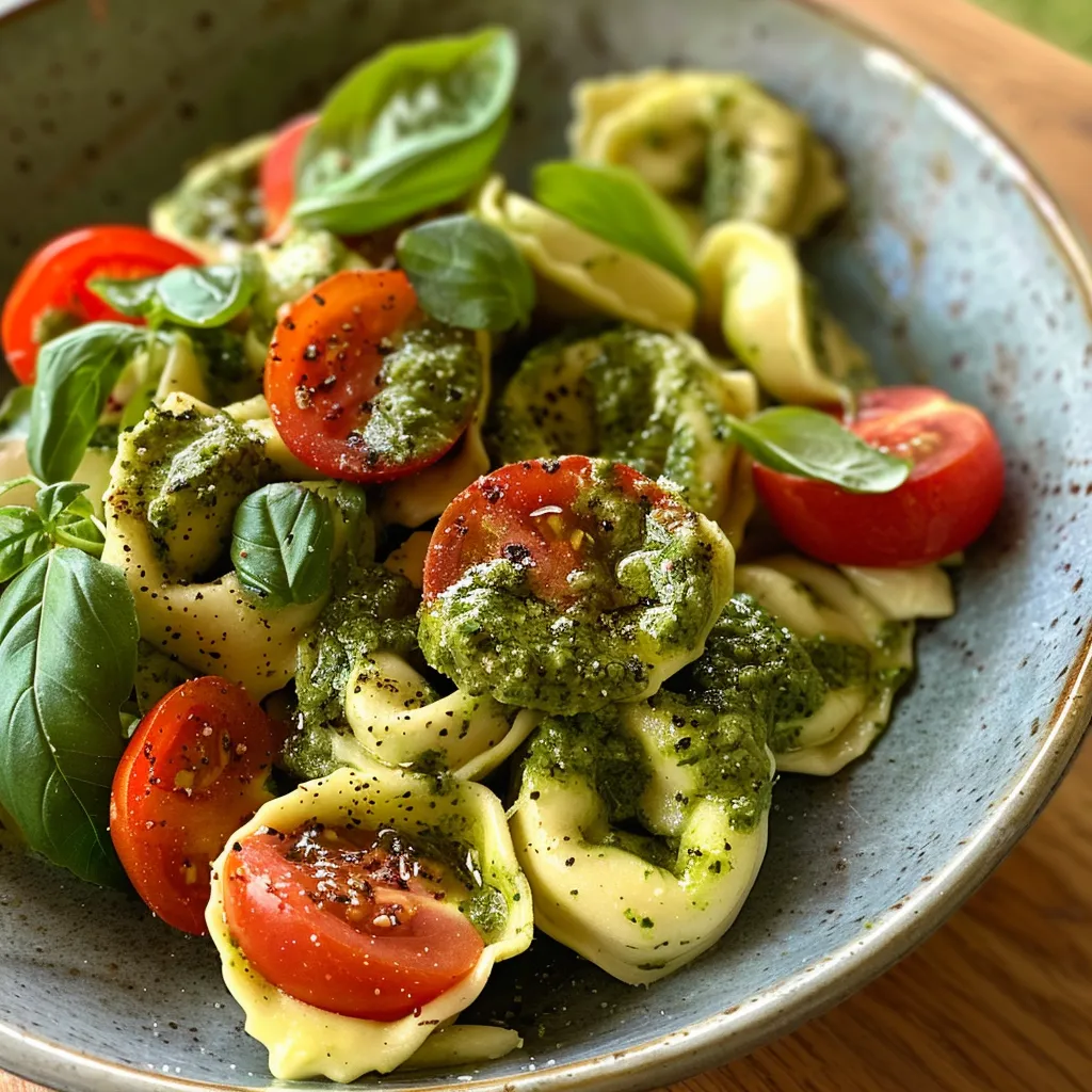 Seitenansicht eines Gourmet-Tortellinisalats mit frischen Zutaten.