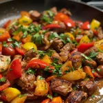 Nahaufnahme der Ungarischen Hackfleisch-Paprika-Pfanne mit Käse.