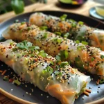 Saftige vegetarische Frühlingsrollen, nah aufgenommen, gefüllt mit buntem Gemüse.