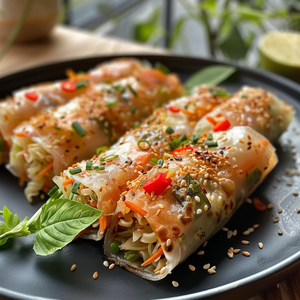 Detailaufnahme von knusprigen vegetarischen Frühlingsrollen mit frischen Zutaten.