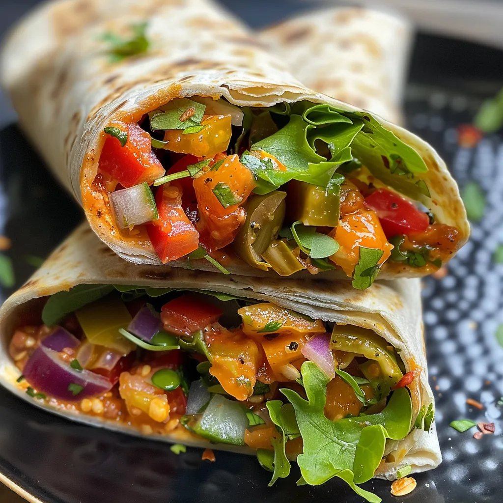 Nahaufnahme von vegetarischen Wraps mit Paprika, Gurke und Feta.